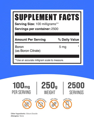 Bulksupplements.Com Boron Citrate Powder - Boron 5Mg, Boron Supplement for Men & Women, Food Grade Boron - for Bones & Joints Support, 100Mg per Serving, 250G (8.8 Oz) (Pack of 1)