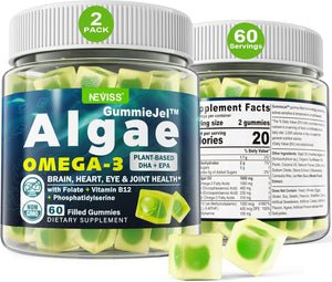 Vegan Omega 3 Gummies 1000Mg, Sugar Free Omega 3 Fish Oil Supplements Alternative, from Marine Algae Oil plus DHA 460Mg & EPA 230Mg, Vitamin B12, Folate for Brain, Bone, Joint, Eye & Immunity, 120 Cts