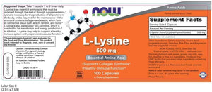 NOW Supplements, L-Lysine (L-Lysine Monohydrochloride) 500 Mg, Amino Acid, 100 Veg Capsules