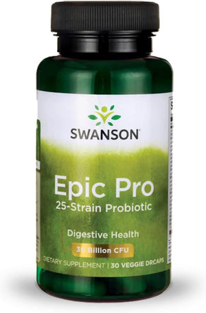 Swanson Epic-Pro 25-Strain Probiotic 30 Billion CFU Digestive Health Immune System Support Prebiotic Nutraflora FOS 30 Drcaps Veggie Capsules (Caps) (4 Pack)