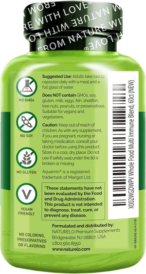 NATURELO Whole Food Multivitamin + Immune Blend with Elderberry & Mushrooms - Complete Multivitamin with Extra Immune Support - C, D3, Zinc, Elderberry, Reishi, Shitake - 60 Vegan Capsules