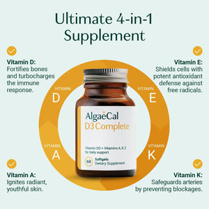ALGAECAL D3 Complete - 3 Vitamin D3 (1000 IU) + K2, Vitamin E (50Mg), and Vitamin a (1000 IU) + 3 Free Triple Power Omega 3 Fish Oil 7 Single Serve