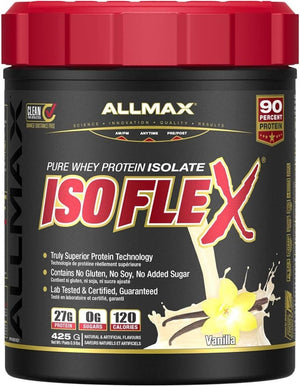 ALLMAX ISOFLEX Whey Protein Isolate, Vanilla - 1 Lb - 27 Grams of Protein per Scoop - Zero Fat & Sugar - 99% Lactose Free - Gluten Free & Soy Free - Approx. 15 Servings