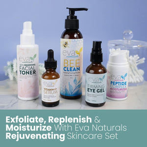 Eva Naturals Rejuvenating Skin Care Set - Exfoliate, Replenish & Moisturize with Vitamin C plus Serum, Bee Clean Cleanser, Eye Gel, Face Moisturizer & Toner - Perfect Facial Cleanser Bundle