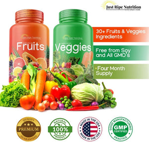 Fruits and Veggies Supplement - 90 Fruit and 90 Vegetable Capsules - 100% Whole Natural Superfood - Filled with Vitamins and Minerals - Supports Energy Levels (4 Pack)