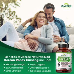 Zazzee USDA Organic Red Korean Panax Ginseng 20:1 Extract, 8000 Mg Strength, 5% Ginsenosides, 120 Vegan Capsules, Standardized and Concentrated 20X Root Extract, 100% Vegetarian, All-Natural, Non-Gmo