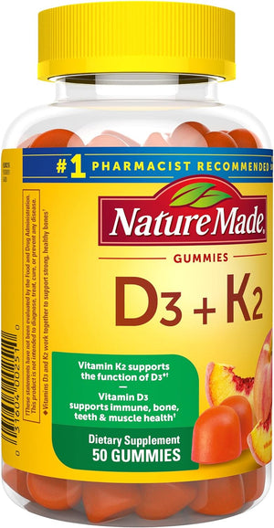 Vitamin D3 K2 Gummies, Vitamin D3 5000 IU per Serving, Bone, Teeth, Muscle, Immune Health Support, 50 Vitamin D + K2 Gummy Vitamins, 25 Day Supply