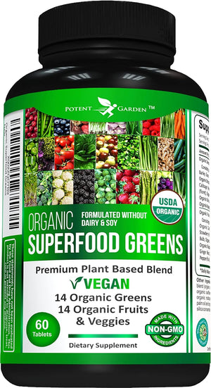 Organic Superfood Greens, Fruit and Veggies Supplement Rich in Vitamins & Antioxidants with Alfalfa, Beet Root & Tart Cherry to Boost Energy, Immunity & Gut Health, Greens Tablets 60 Ct