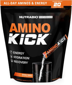 Nutrabio – Amino Kick – All in One Performance Formula Energy, Hydration, Recovery 20 Servings, (Orange Mango) – 6G Amino Acids – Support Muscle by NutraBio