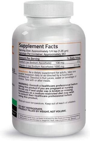 Non Acidic Vitamin C Powder Sodium Ascorbate Non GMO Soluble Fine Crystals - Healthy Immune System, Antioxidant and Cell Protection - 1 Pound (16 Oz, 454 Grams)