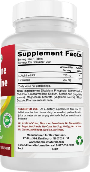 L-Arginine L-Citruline Complex Tablets, 250 Count