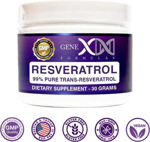GENEX Trans Resveratrol 1000Mg Serving 99% Pure Micronized Pharmaceutical Grade Trans-Resveratrol Powder 30 Servings or 30Grams 1Gram per Day 30-Day Supply Made in a GMP & NSF Certified Facility
