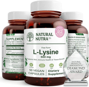 Natural Nutra L Lysine Hcl, Promotes Bone Health and Growth, Helps Built Collagen, Improve Calcium Absorption, Non-Gmo, Vegan, 500 Mg, 50 Capsules.