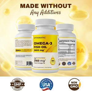 Vitamatic Triple Strength Omega 3 Fish Oil 3600Mg per Serving, 2160Mg Omega 3 Fatty Acids, 1296Mg EPA + 864Mg DHA, Burpless Lemon Flavor, 180 Softgels