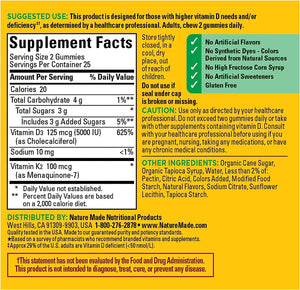 Vitamin D3 K2 Gummies, Vitamin D3 5000 IU per Serving, Bone, Teeth, Muscle, Immune Health Support, 50 Vitamin D + K2 Gummy Vitamins, 25 Day Supply