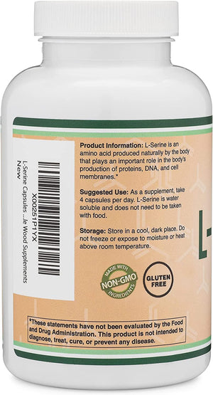 L-Serine Capsules (Third Party Tested) - 2,000Mg Servings Used in Clinical Study, 180 Count, 500Mg per Capsule (L Serine Amino Acid for Serotonin Production and Brain Support) by Double Wood
