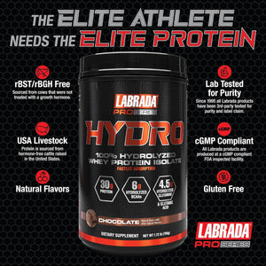 Labrada Hydro 100% Pure Hydrolyzed Whey Protein Isolate Powder, Lactose Free, Glutamine, Fastest Digesting Whey Available, Instant Mixing, Delicious Taste 47 Servings 4Lb (Chocolate)