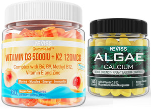 NEVISS D3 5000IU K2 Gummies + Marine Algae Calcium Gummies Bundle