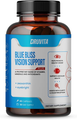 Blue Bliss Vision Support - Eye Vitamins with Lutein, Bilberry and Zeaxanthin - Vitamin Supplement for Macular Degeneration Support, Vision Health and Preservation for Adults Seniors 60 Capsules