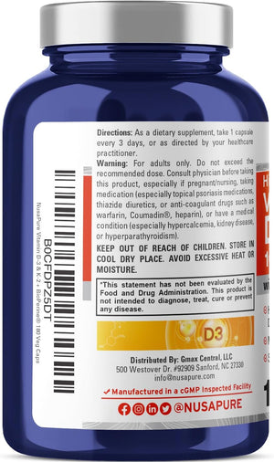 Nusapure Vitamin K2 (MK7) (200Mcg) + Vitamin D3 (10000 IU) 180 Veg Caps - Bioperine, Soyfree, Non-Gmo