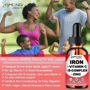 Liquid Iron Supplement W/ Vitamin C, A, B-Complex, Vegan Iron Drops High Potency Liquid Vitamin & Iron Supplements for Women, Men & Children -Support Red Blood Cell, Energy, Anemia & Fatigue