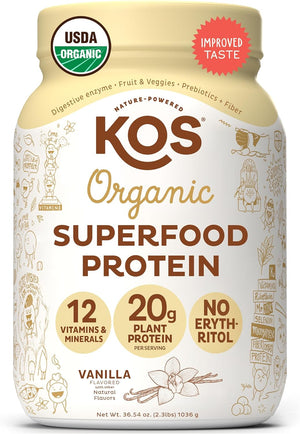 KOS Plant Based Protein Powder, Blueberry Muffin - Organic Pea Protein Superfood with Spirulina and Immune Support Blend. Soy, Gluten, Dairy Free - Vegan Meal Replacement for Women & Men - 15 Servings