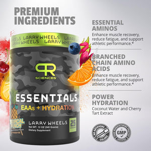 Larry Wheels' Essential Amino Acids EAA Powder - Tropical Punch - Pre, Intra & Post Workout Drink - BCAA Powder for Men & Women, EAA + BCAA + Hydration. Advanced Formula with Astragin.