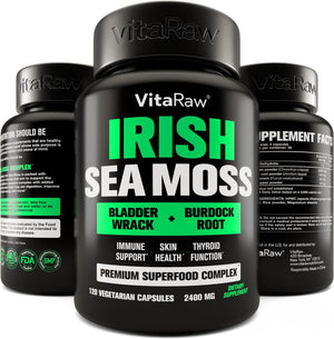 Organic Irish Sea Moss Capsules 2400 Mg - Burdock Root and Bladderwrack Powder Real Seamoss Pills for Immune Support, Joint and Gut Health Help - Raw Sea Moss Advanced Herbal Supplement - USA Made