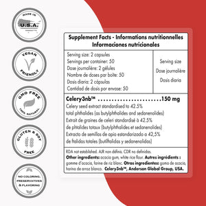 Supersmart - Celery3Nb 150Mg per Day (Patented) - Natural Celery Seed Extract Supplement - Well-Tolerated Phthalides | Non-Gmo & Gluten Free - 100 Vegetarian Capsules