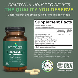 Bergamot Phytosome™ Supplement - Healthy Cardiovascular & Healthy Cholesterol Level Support - Bergamonth Supplement 500 Mg, 60 Day Supply