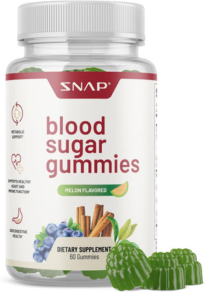Snap Supplements Blood Sugar Gummies, Support Already Healthy Blood Sugar Levels, Cinnamon Bark and Blueberry Fruit Extract, Natural Melon Flavor, 60 Gummies
