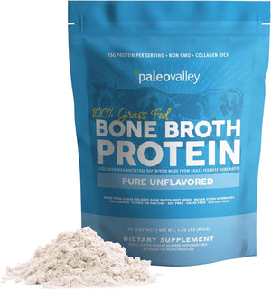 Paleovalley 100% Grass Fed Bone Broth Protein Powder - Chocolate - Rich in Collagen for Hair, Skin, Gut Health, Bone and Joint Support - 28 Servings