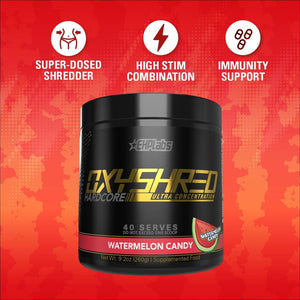 EHP Labs Oxyshred Hardcore Super Dosed Pre Workout Powder - Preworkout Powder with L Glutamine & Acetyl L Carnitine, Energy Boost Drink - 275Mg of Caffeine - Watermelon Candy, 40 Servings