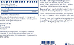 Klaire Labs L-Carnosine 500Mg - Hypoallergenic L-Carnosine Supplement - Antioxidant & Healthy Aging Support - Gluten-Free, Corn-Free, Soy-Free (90 Capsules)