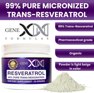 GENEX Trans Resveratrol 1000Mg Serving 99% Pure Micronized Pharmaceutical Grade Trans-Resveratrol Powder 30 Servings or 30Grams 1Gram per Day 30-Day Supply Made in a GMP & NSF Certified Facility