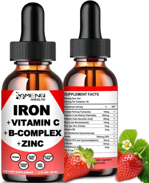 Liquid Iron Supplement W/ Vitamin C, A, B-Complex, Vegan Iron Drops High Potency Liquid Vitamin & Iron Supplements for Women, Men & Children -Support Red Blood Cell, Energy, Anemia & Fatigue