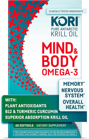 Kori Stress & Body Adaptogen Supplement - Krill Oil & Ashwagandha/Omega-3 Fatty Acids for Heart, Brain, Eye, & Joint Health/Occasional Stress, Mood, & Sleep Support / 80 Softgels