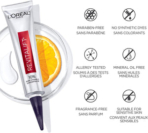 L'Oreal Paris Revitalift 10% Pure Vitamin C Face Serum, Brighter Skin, Reduced Wrinkles, Fragrance Free 1 0Z.