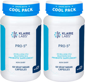 Klaire Labs Pro-5 Probiotic - 25 Billion CFU High Dose Multispecies Gut Recolonization Support for Men & Women, Hypoallergenic & Dairy-Free (60 Capsules)