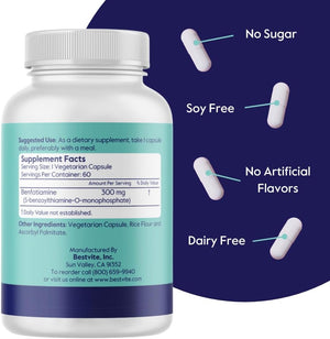 BESTVITE Benfotiamine 300Mg (60 Vegetarian Capsules) No Stearates - No Silicon Dioxide - Vegan - Non GMO - Gluten Free