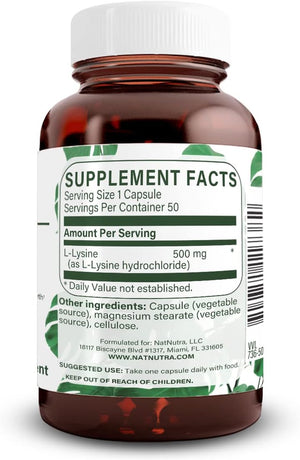 Natural Nutra L Lysine Hcl, Promotes Bone Health and Growth, Helps Built Collagen, Improve Calcium Absorption, Non-Gmo, Vegan, 500 Mg, 50 Capsules.