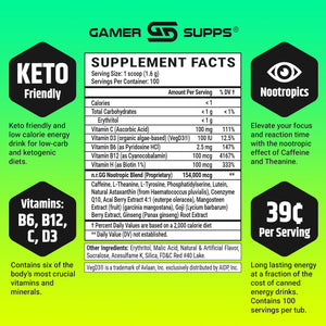 Gamer Supps, GG Energy Lemonade (100 Servings) - Keto Friendly Gaming Energy and Nootropic Blend, Sugar Free + Organic Caffeine + Vitamins + Immune Support, Powder Energy Drink
