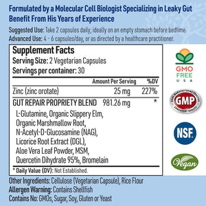 Leaky Gut Repair Maximum Support Gut Health L-Glutamine, Slippery Elm for IBS, Heartburn Relief, Non-Gmo for Women & Men, 60 Caps