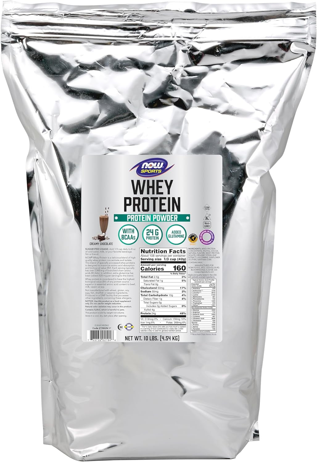 NOW Sports Nutrition, Whey Protein, 24 G with Bcaas, Creamy Chocolate Powder, 10-Pound
