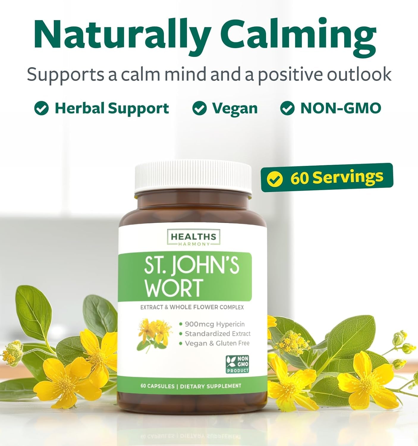 St. John'S Wort - 60 Capsules (Non-Gmo) Effective St Johns Wort Capsules - Powerful 900Mcg Hypericin - Standardized Extract & Whole Herb Supplement - No Oil, Pills, Tea, Tincture - 500Mg per Capsule