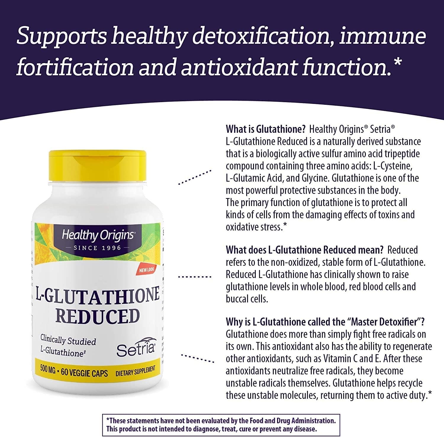 L-Glutathione (Setria) Reduced, 500 Mg - Immune Support Supplement - Collagen & Antioxidant Support - Gluten-Free Supplement - 60 Veggie Capsules