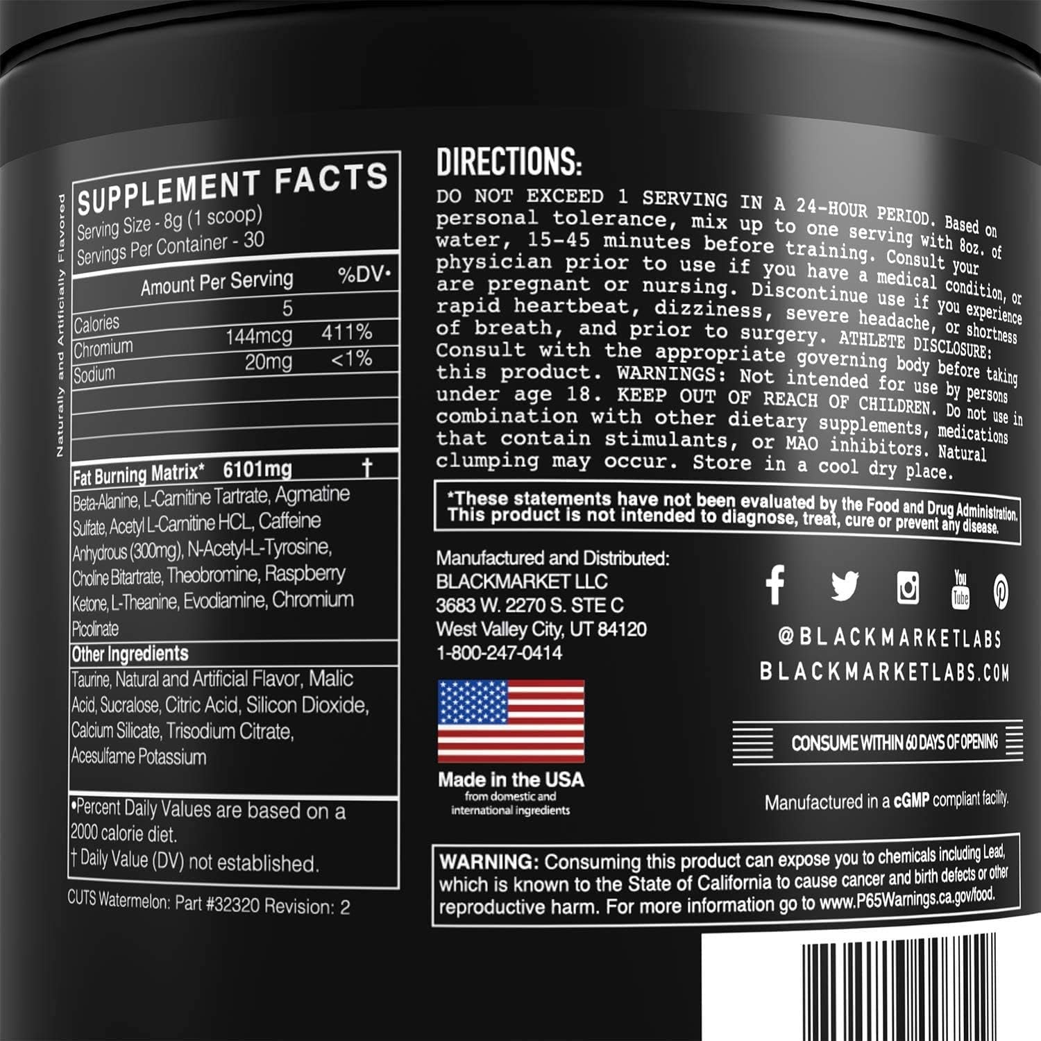 BLACKMARKET CUTS Pre Workout - Flavored Energy Powdered Drink Mix for Men & Women, Great for Muscle Definition, Fat Burning, Thermogenic, Creatine Free (Watermelon, 30 Servings)
