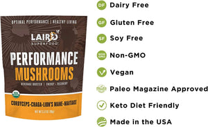 Laird Superfood Organic Performance Mushroom Blend with Chaga, Cordyceps, Lion'S Mane and Maitake for Energy and Cognition, 3.17 Oz. Bag, Pack of 2