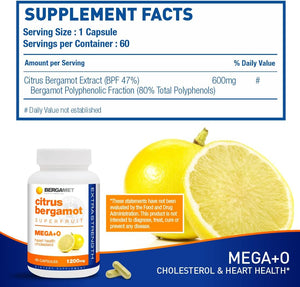 Bergamet Citrus Bergamot Superfruit Supplement, 80% Polyphenols, 1200Mg per Serving, 60 Capsules, 1 Month, Made in the USA