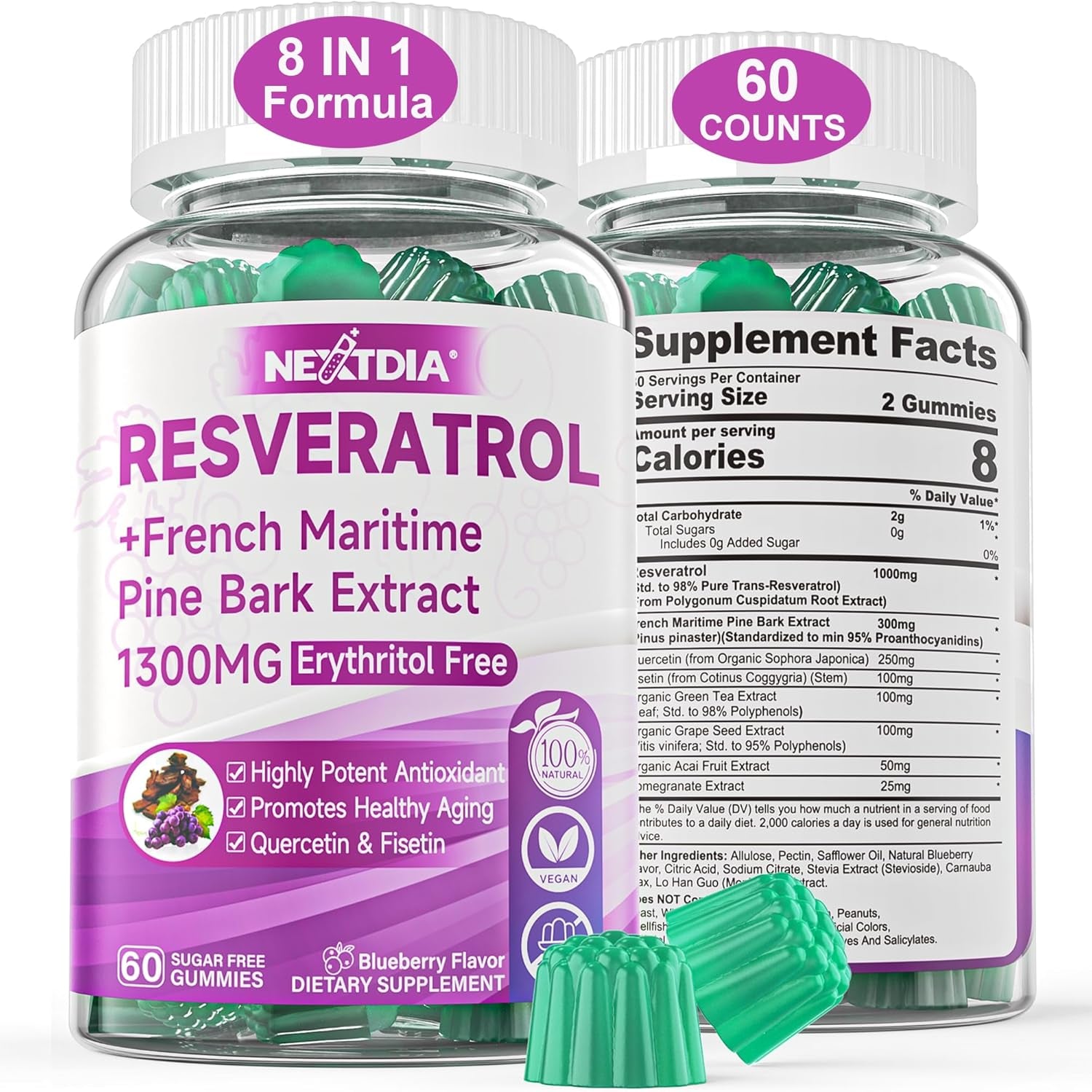 Resveratrol Supplement 1000Mg - Sugar Free Resveratrol Gummies W/Pine Bark Extract, Quercetin, Fisetin & Grape Seed for Antioxidant, Heart, Healthy Aging & Brain, 98% Pure Trans Resveratrol, 60 Cts 